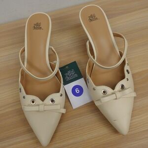 Y2K Coquette Mule Pumps Womens 6 Cream Bow Eyelet Kitten Heel Pointed WILD FABLE